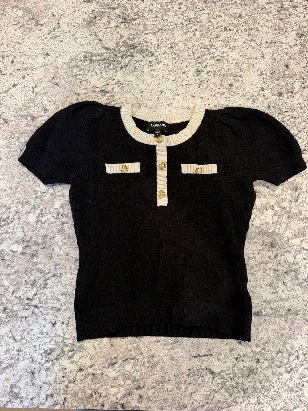Express Black Short-Sleeve Knit Top with Cream Trim and Gold Buttons